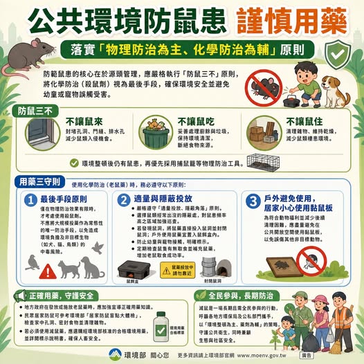 檢視 115-05-02 【公共環境防鼠患，環境部籲謹慎用藥，落實「物理防治為主、化學防治為輔」原則】圖片